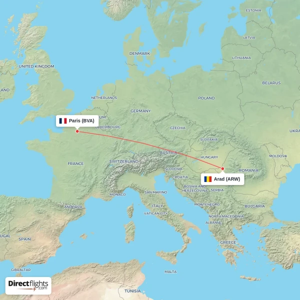 Paris - Arad direct flight map