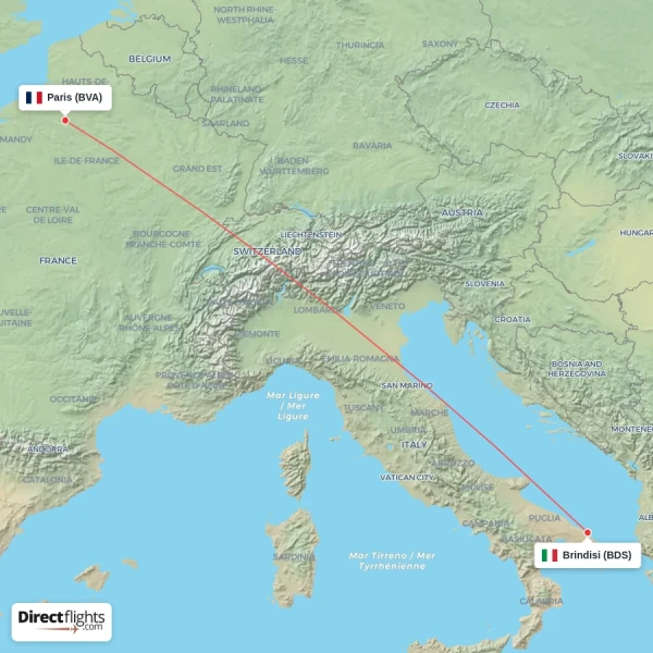 Paris - Brindisi direct flight map