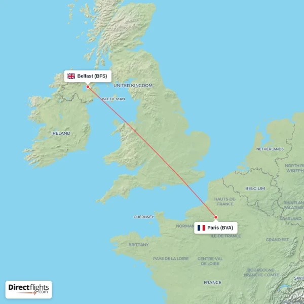 Paris - Belfast direct flight map