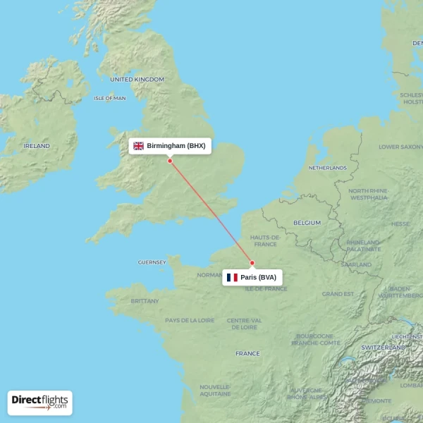 Paris - Birmingham direct flight map