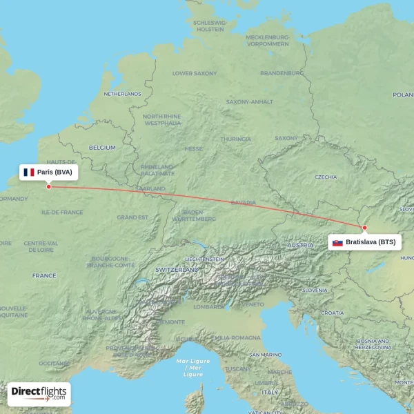 Paris - Bratislava direct flight map