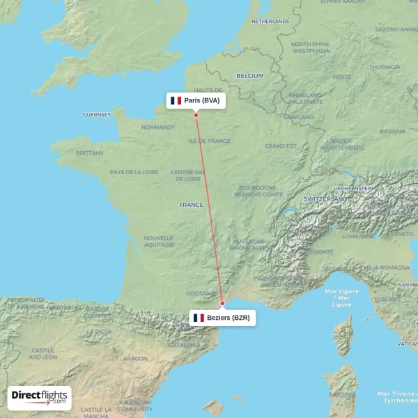 Paris - Beziers direct flight map