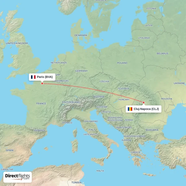 Paris - Cluj-Napoca direct flight map