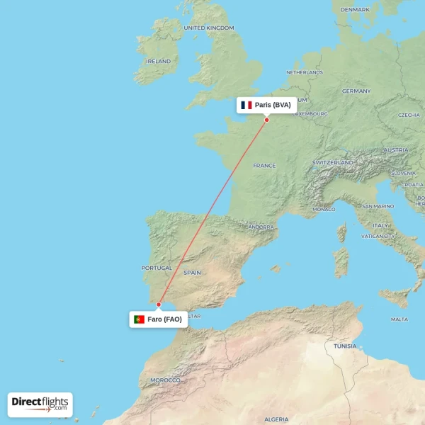 Paris - Faro direct flight map