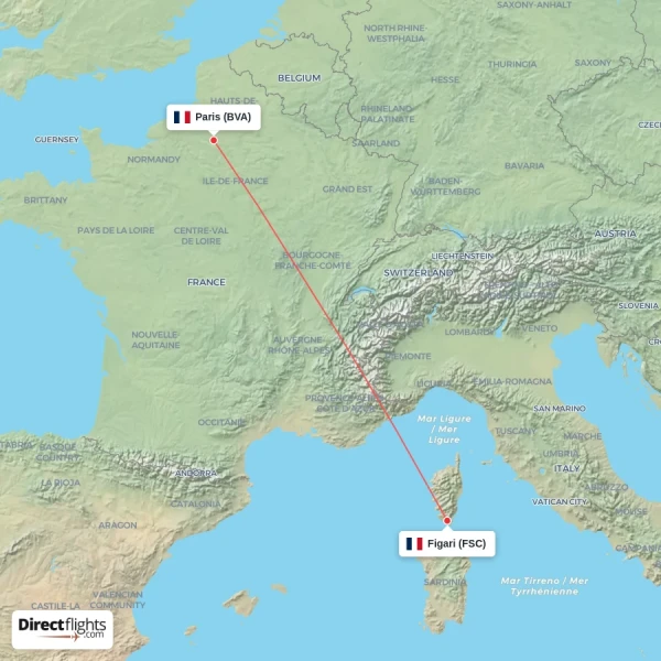 Paris - Figari direct flight map