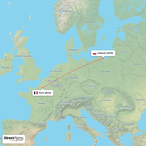 Paris - Gdansk direct flight map