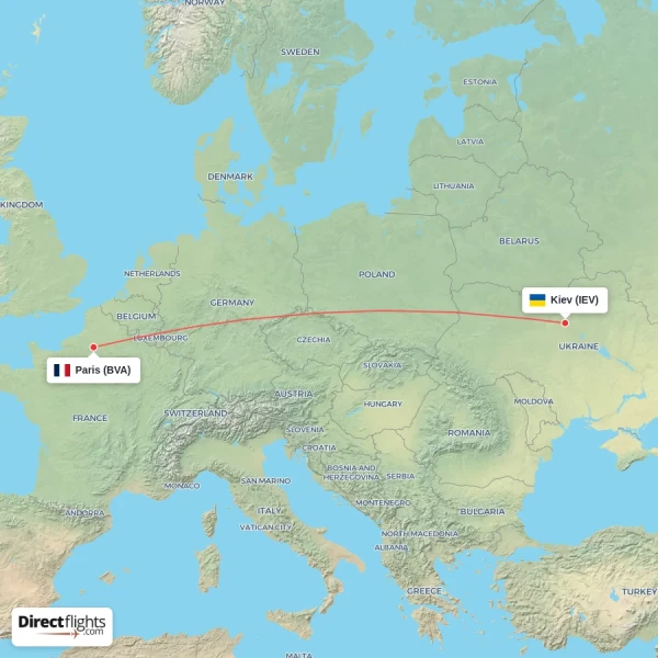 Paris - Kiev direct flight map