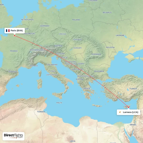 Paris - Larnaca direct flight map