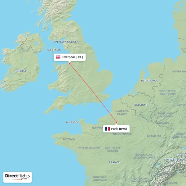 Paris - Liverpool direct flight map