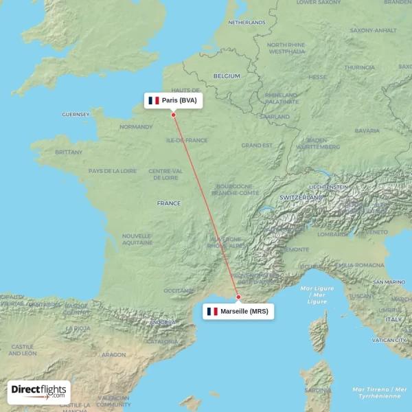 Paris - Marseille direct flight map
