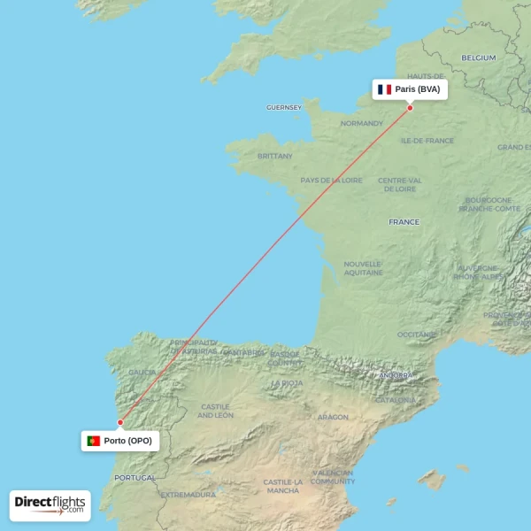 Paris - Porto direct flight map
