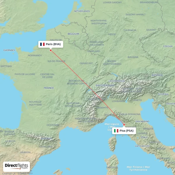 Paris - Pisa direct flight map