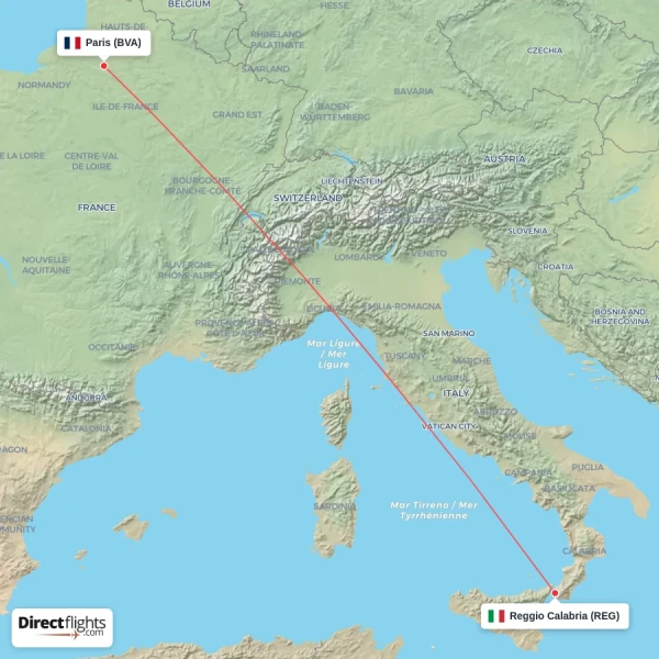 Paris - Reggio Calabria direct flight map
