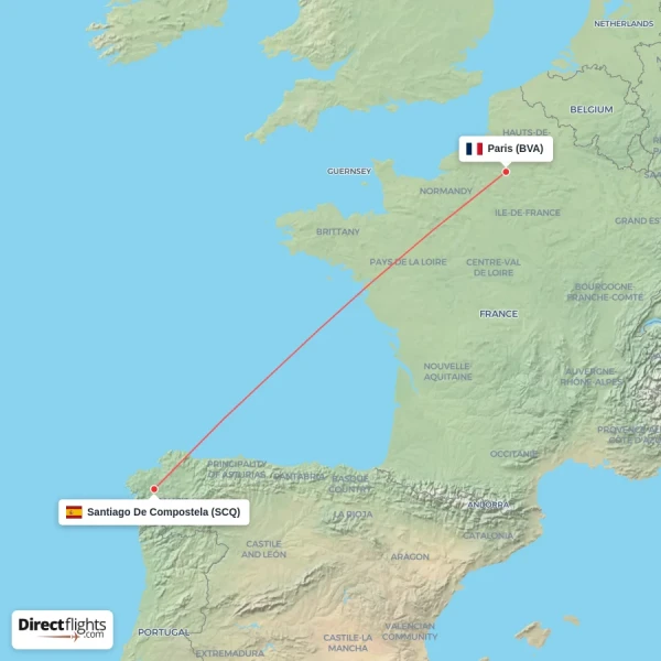 Paris - Santiago De Compostela direct flight map