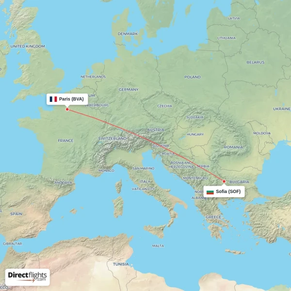 Paris - Sofia direct flight map