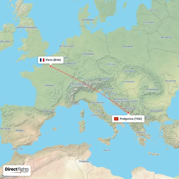 Paris - Podgorica direct flight map