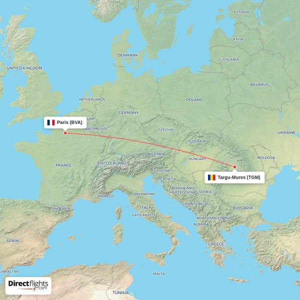Paris - Targu-Mures direct flight map