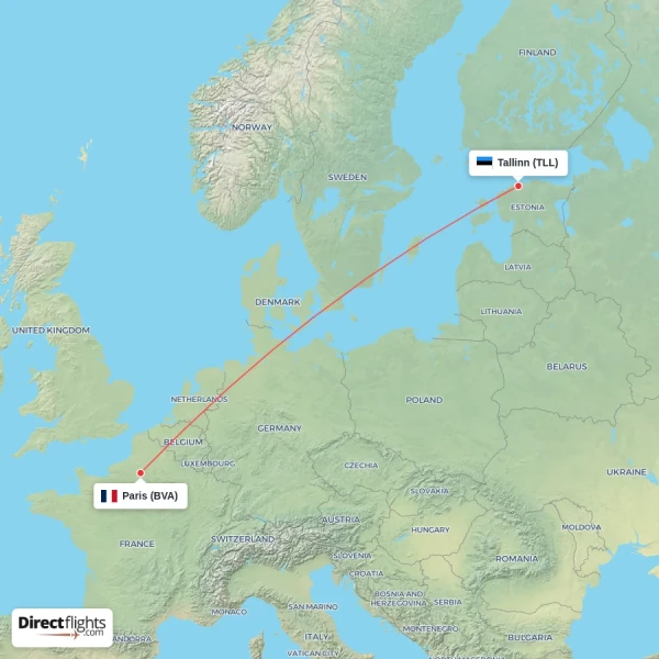 Paris - Tallinn direct flight map