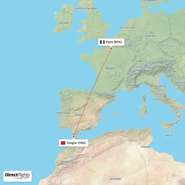 Paris - Tangier direct flight map
