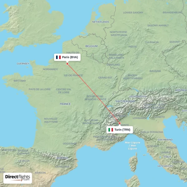 Paris - Turin direct flight map
