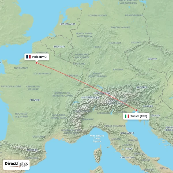 Paris - Trieste direct flight map