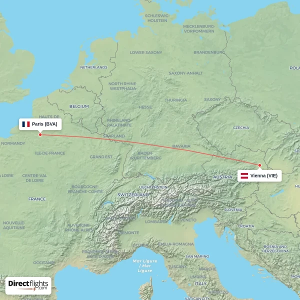 Paris - Vienna direct flight map