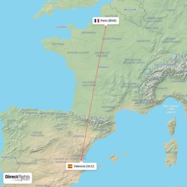 Paris - Valencia direct flight map
