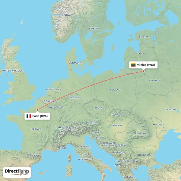 Paris - Vilnius direct flight map