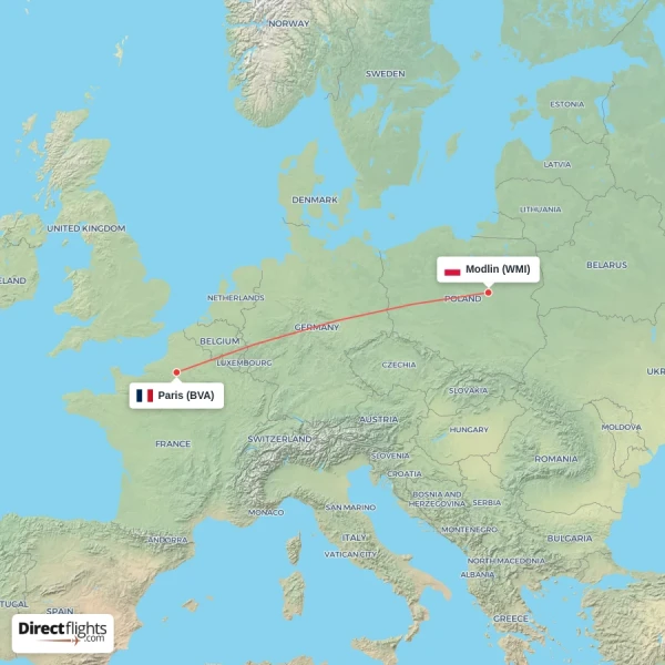 Paris - Modlin direct flight map