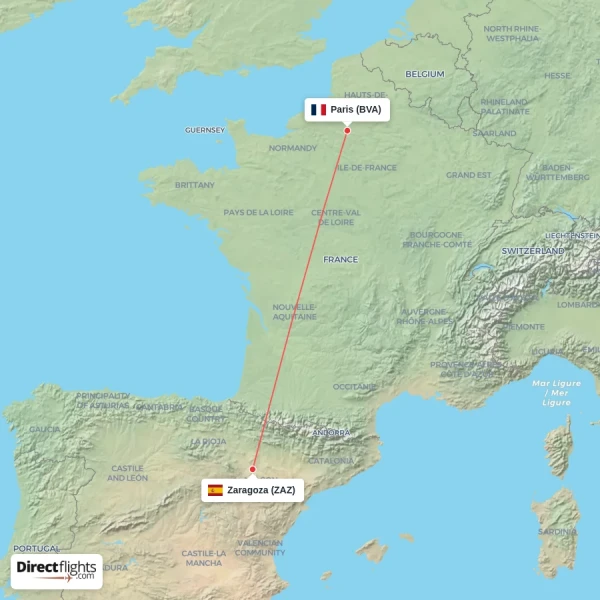 Paris - Zaragoza direct flight map