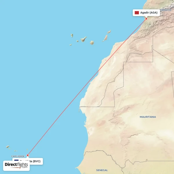 Boa Vista - Agadir direct flight map