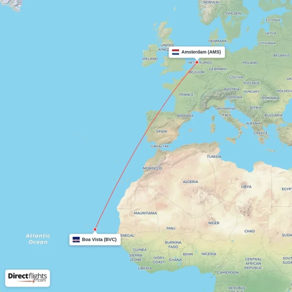 Boa Vista - Amsterdam direct flight map