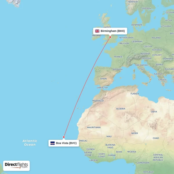 Boa Vista - Birmingham direct flight map