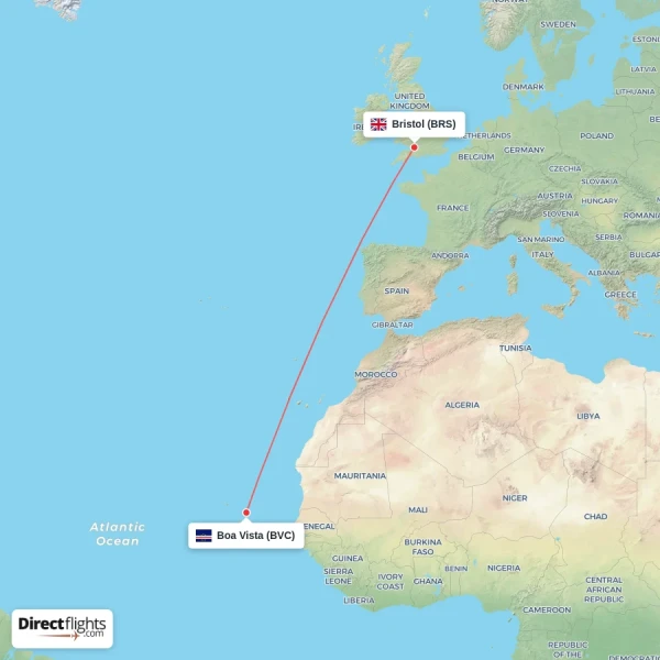 Boa Vista - Bristol direct flight map