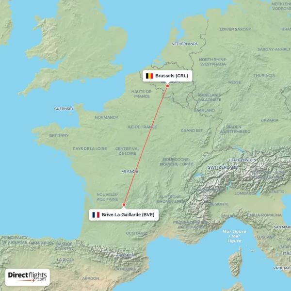 Brive-La-Gaillarde - Brussels direct flight map