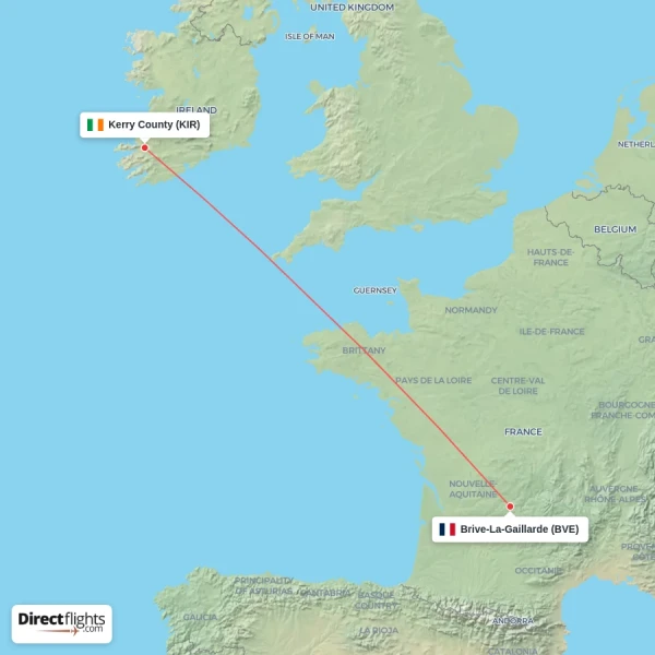 Brive-La-Gaillarde - Kerry County direct flight map