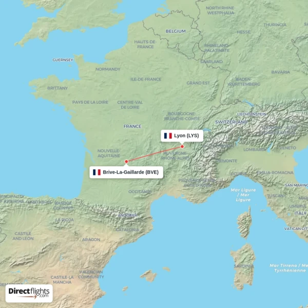 Brive-La-Gaillarde - Lyon direct flight map