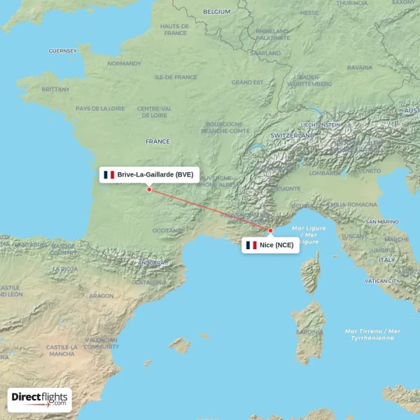 Brive-La-Gaillarde - Nice direct flight map