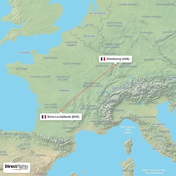 Brive-La-Gaillarde - Strasbourg direct flight map