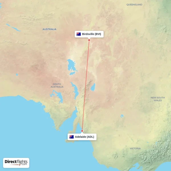 Birdsville - Adelaide direct flight map