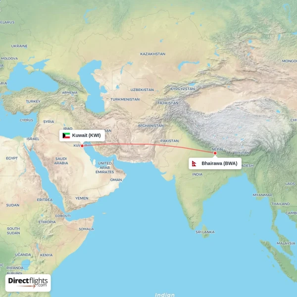 Bhairawa - Kuwait direct flight map