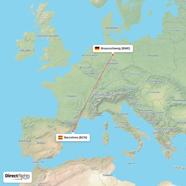 Braunschweig - Barcelona direct flight map