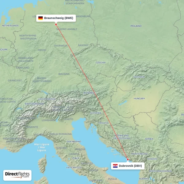 Braunschweig - Dubrovnik direct flight map