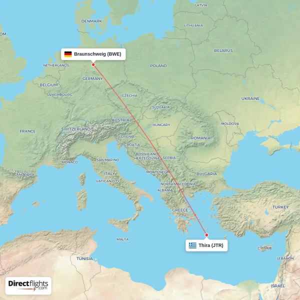 Braunschweig - Thira direct flight map