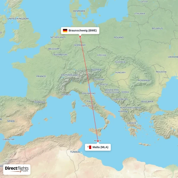 Braunschweig - Malta direct flight map