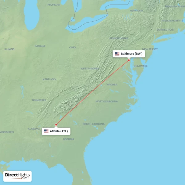 Baltimore - Atlanta direct flight map