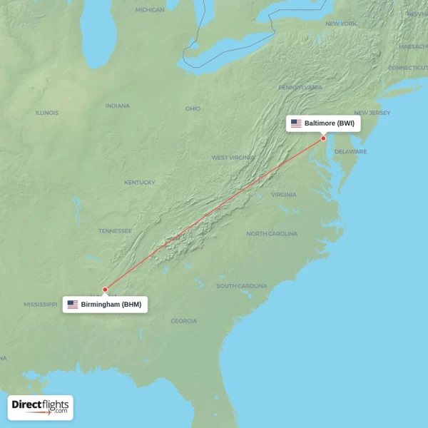 Baltimore - Birmingham direct flight map