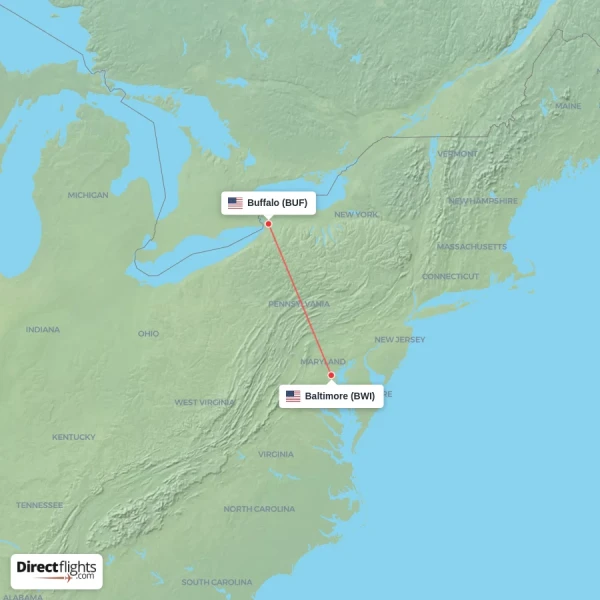 Baltimore - Buffalo direct flight map
