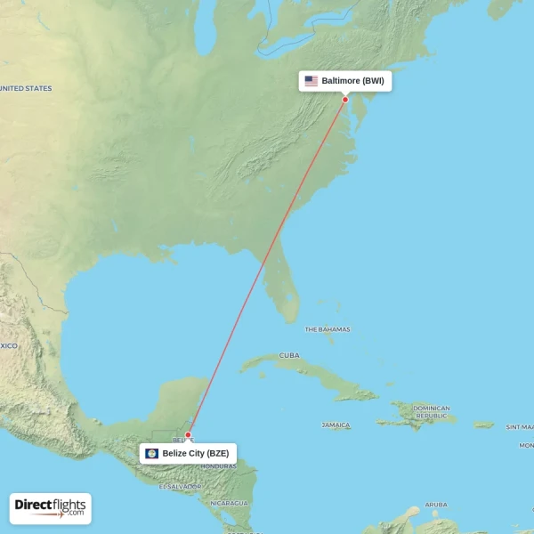 Baltimore - Belize City direct flight map