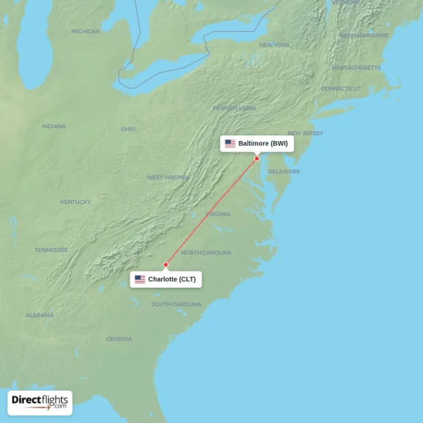 Baltimore - Charlotte direct flight map